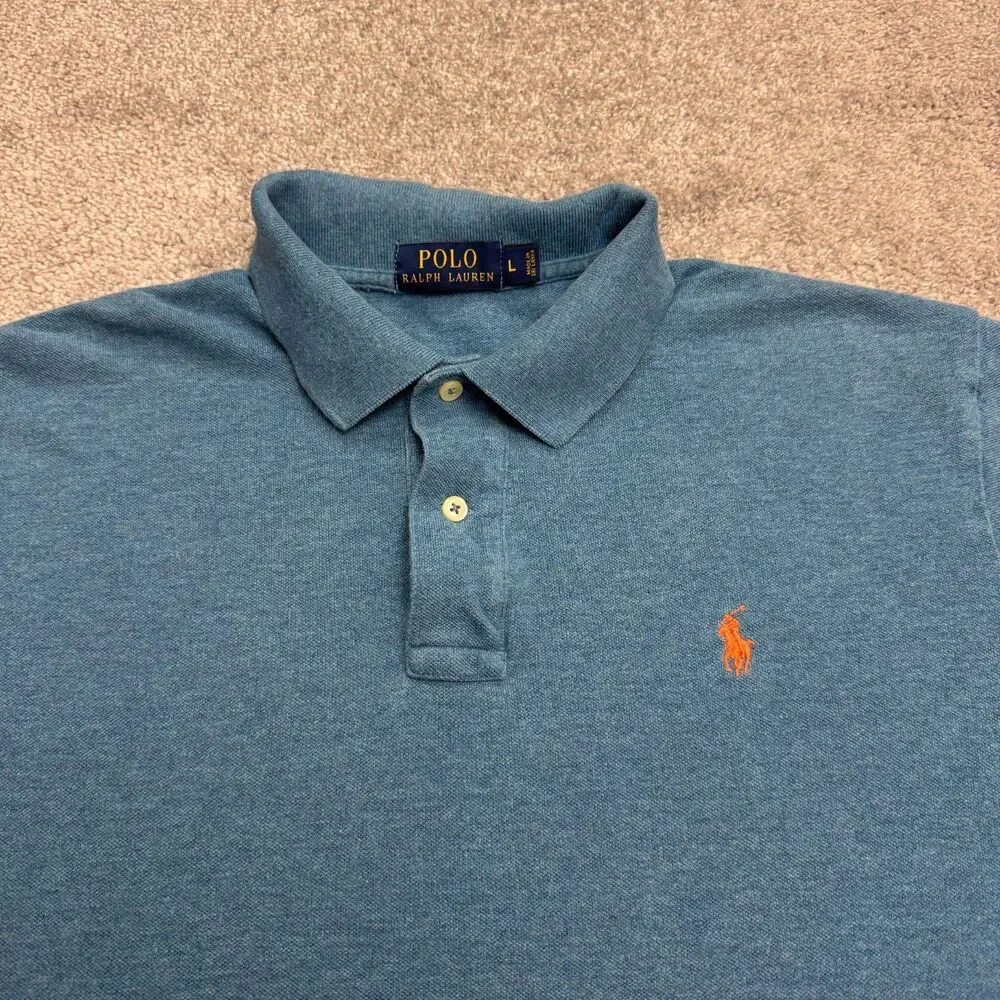 Polo Ralph Lauren Knit Polo Shirt Men Large Blue Short Sleeve Orange Pony Logo
